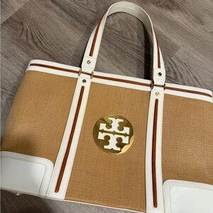 Tory Burch Tan and White Tote Bag